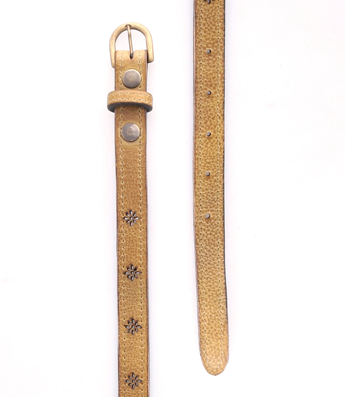 The Monae II women’s belt by Bed|Stü showcases light brown leather adorned with intricate floral cut-out designs, a durable metal buckle, and adjustable holes, all presented flat on a white background.