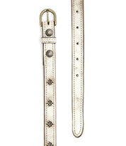 The Bed|Stü Monae II is a versatile women’s belt crafted from white leather, featuring floral cutout designs, sturdy metal rivets, and a classic metal buckle; it shows gentle wear with some discoloration that enhances its unique charm.