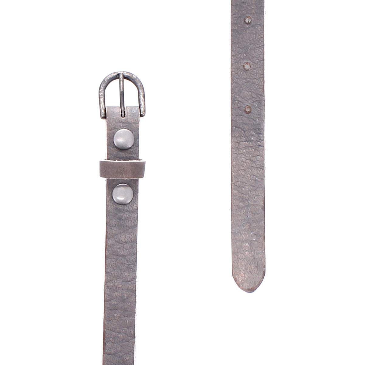 Introducing the Monae by Bed|Stü—a slim gray leather belt featuring a classic buckle and subtle round studs, shown from both front and side angles to highlight its textured leather and detailed buckle craftsmanship. This versatile accessory is an essential addition to any everyday wardrobe.