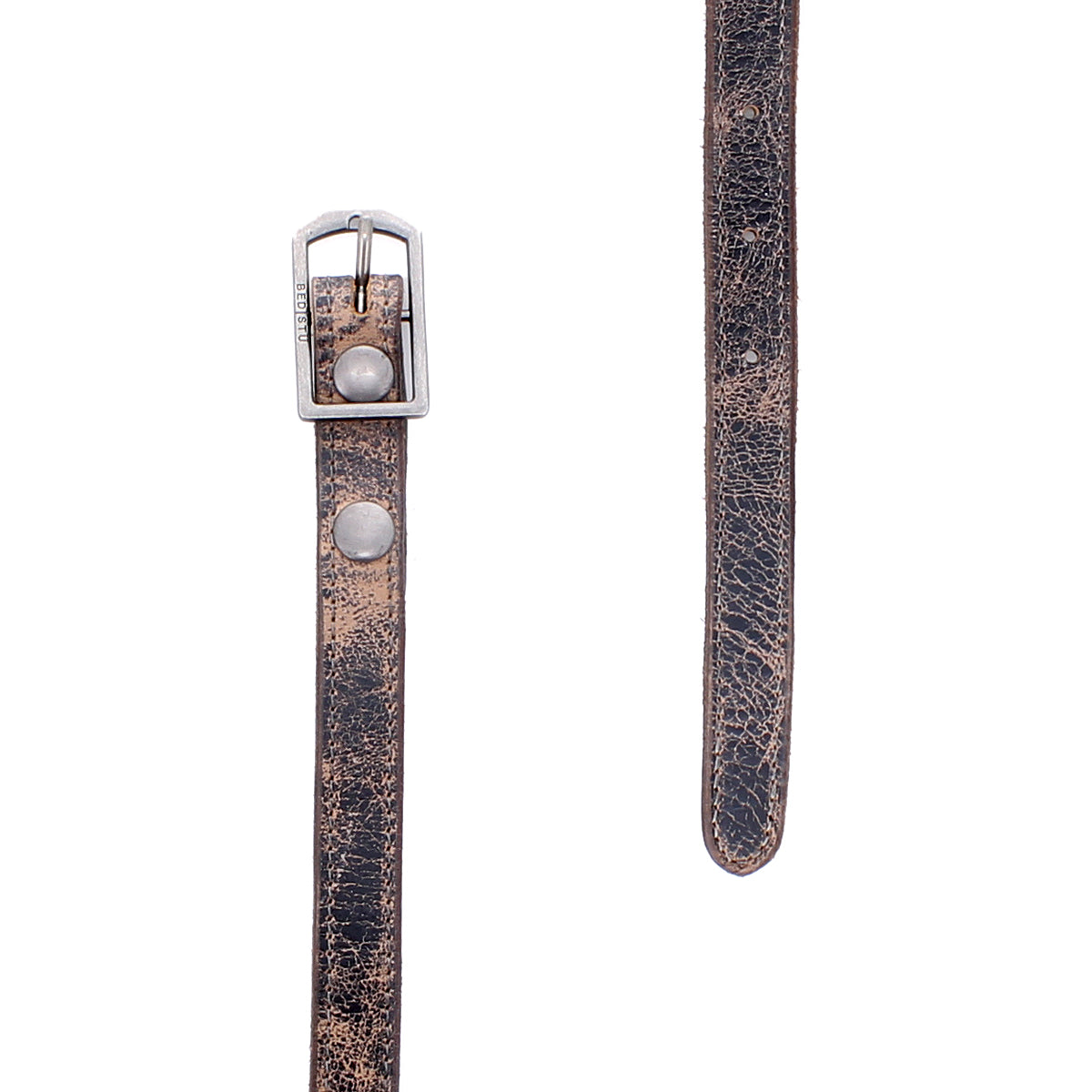 Two segments of the Bed|Stü Monae distressed brown slim leather belt, featuring a timeless silver buckle and metal studs, are shown against a white background—an ideal accessory for any everyday wardrobe.