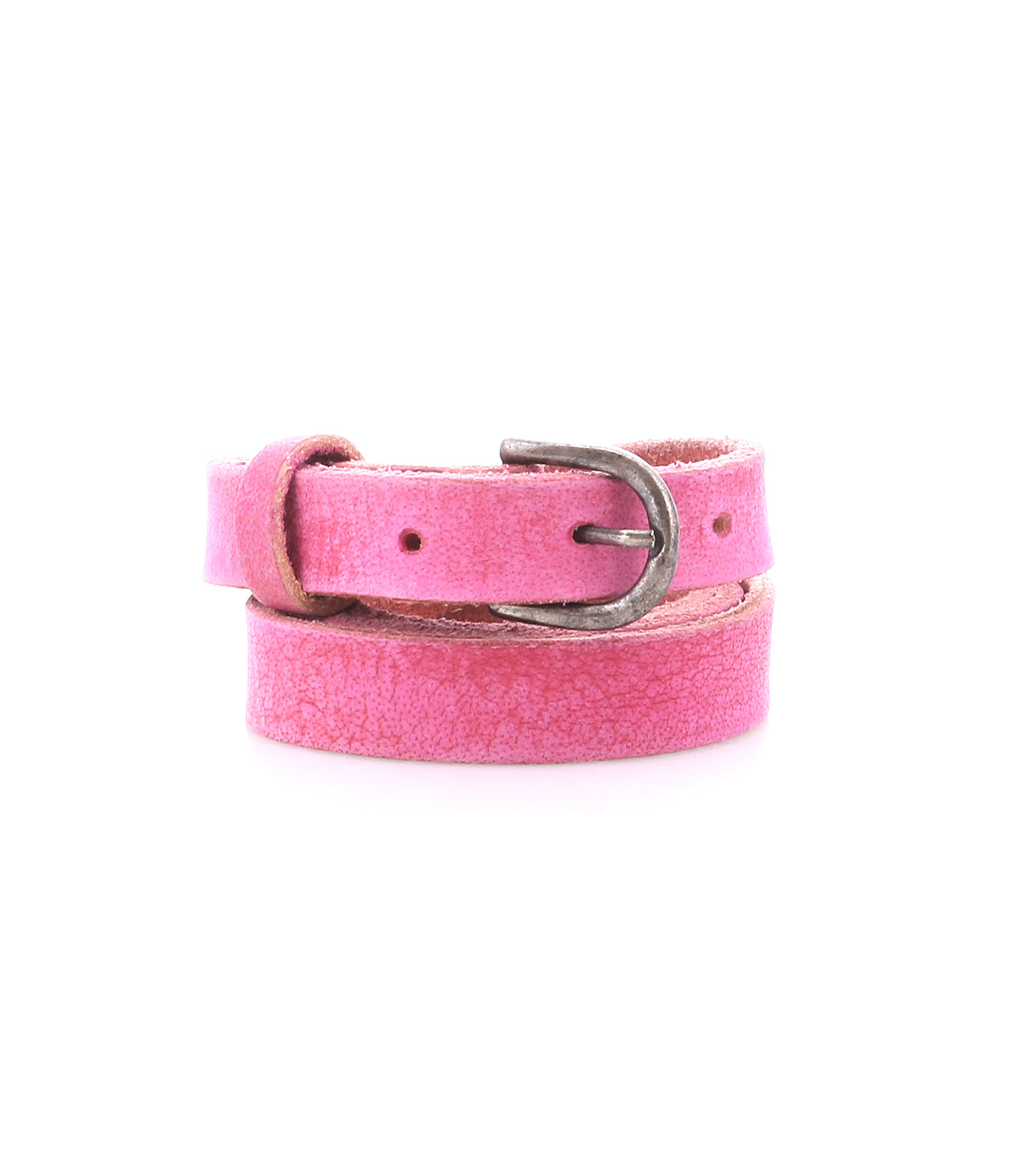 The Monae by Bed|Stü is a slim pink leather belt with a classic silver buckle, styled in a coil on a white background—an elegant addition to any everyday wardrobe.