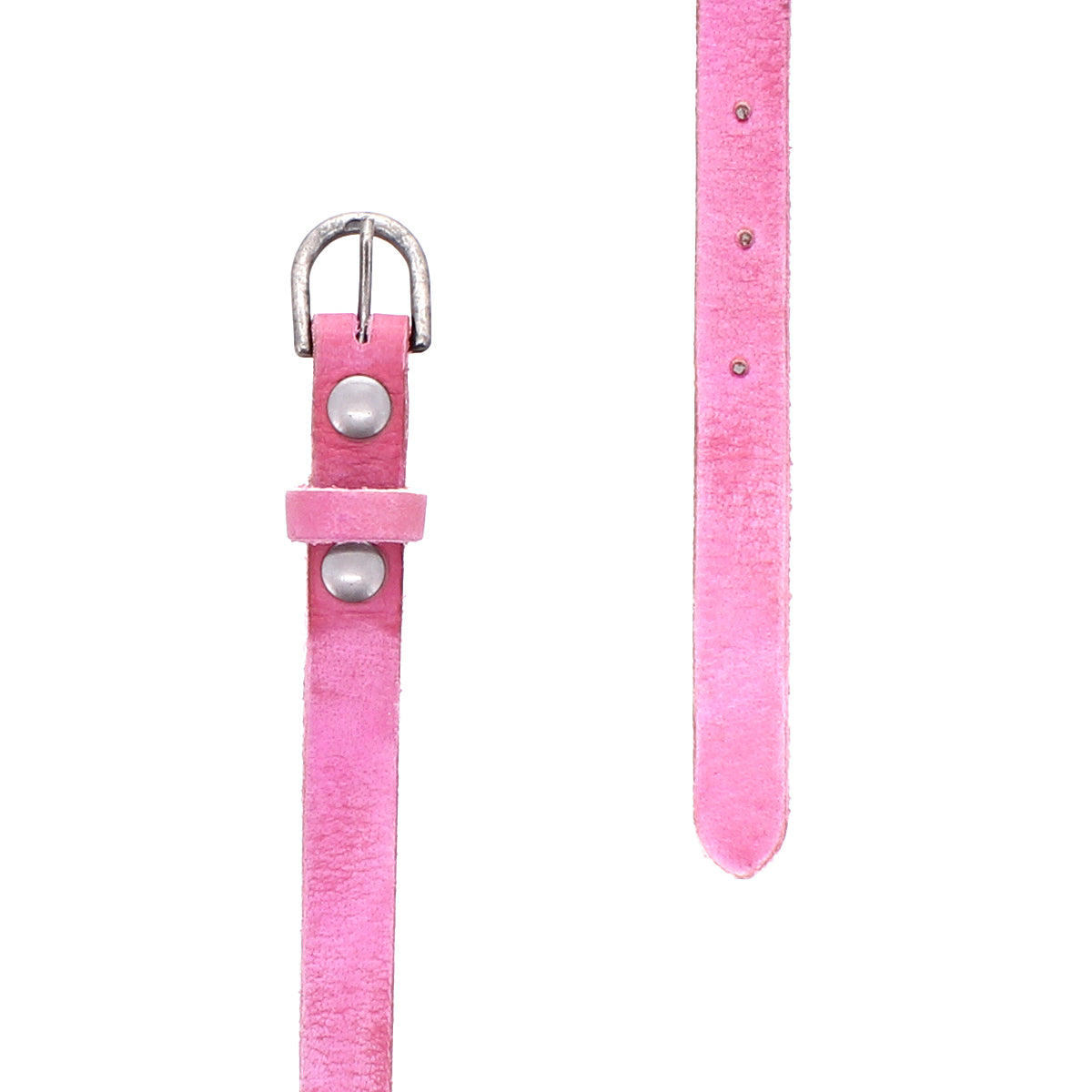 Two Monae pink suede belts by Bed|Stü are displayed on a white background. One features a classic silver buckle, while the other highlights the distinctive pointed tip with adjustable holes—stylish essentials to elevate your everyday wardrobe.