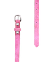 Two Monae pink suede belts by Bed|Stü are displayed on a white background. One features a classic silver buckle, while the other highlights the distinctive pointed tip with adjustable holes—stylish essentials to elevate your everyday wardrobe.