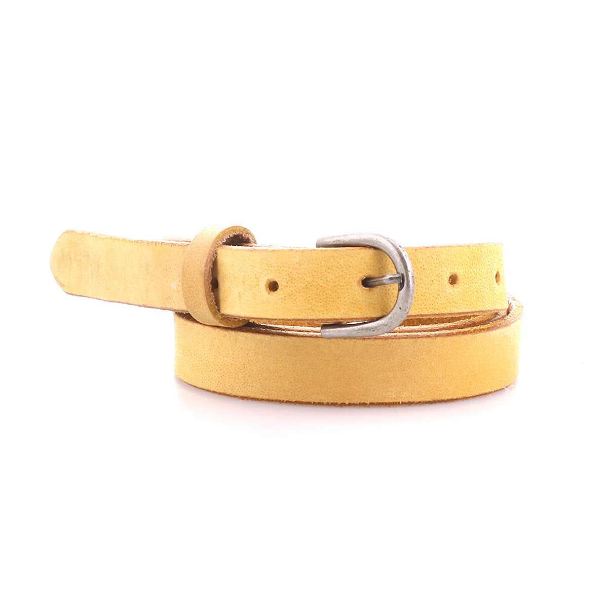 The Monae by Bed|Stü is a yellow suede slim leather belt featuring a timeless buckle, elegantly coiled on a white background—making it a standout accessory for your everyday wardrobe.