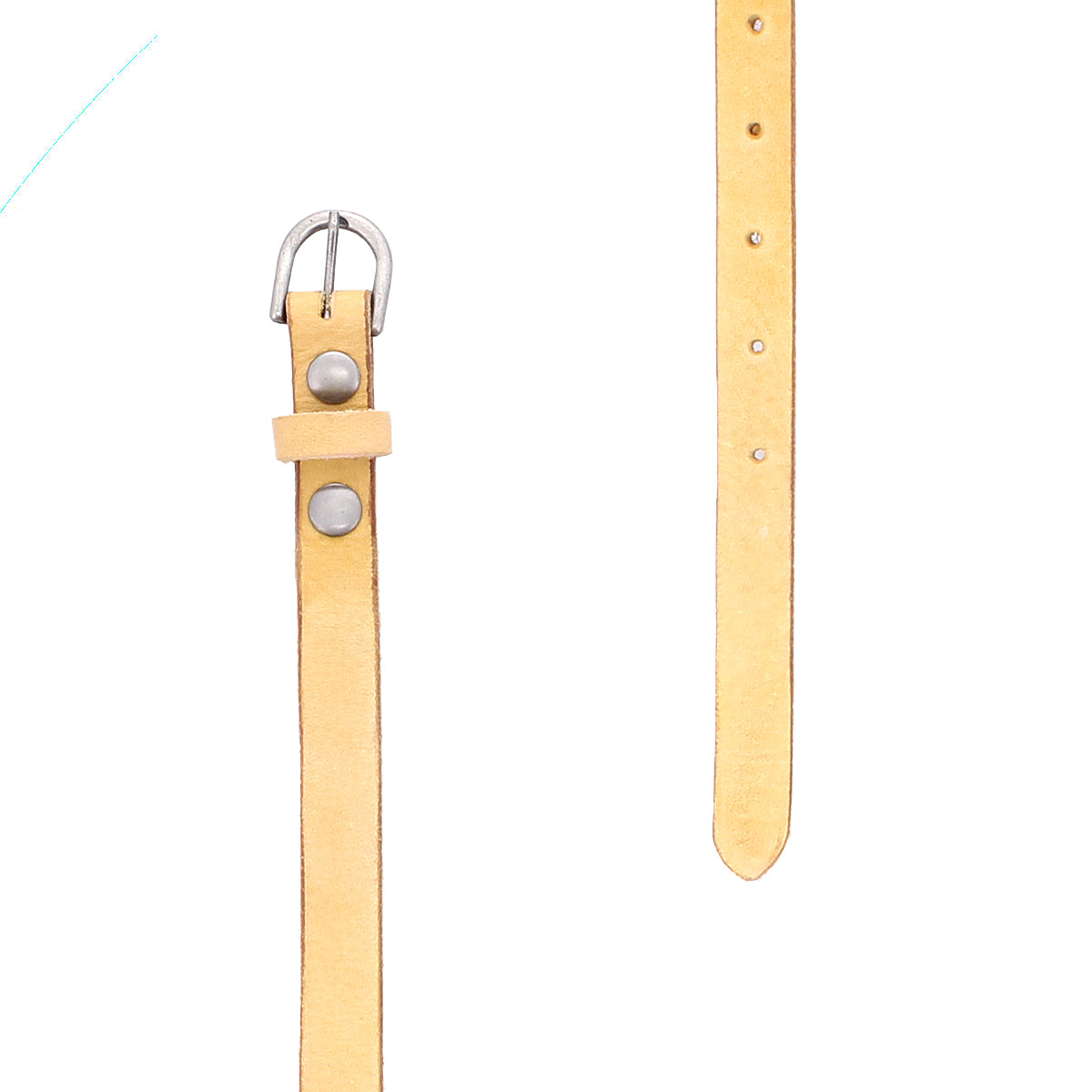 Introducing the Monae by Bed|Stü—a tan slim leather belt featuring a classic silver buckle. Displayed in two sections against a white background, with the buckle end on the left and the pointed tip with adjustment holes on the right, this essential accessory is perfect for your everyday wardrobe.