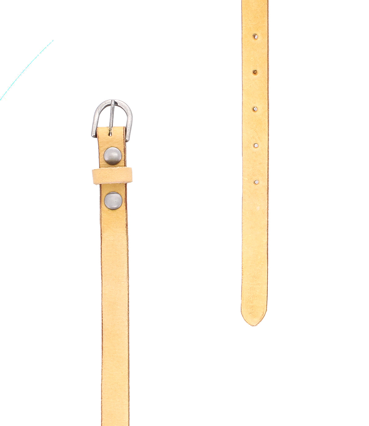 Introducing the Monae by Bed|Stü—a tan slim leather belt featuring a classic silver buckle. Displayed in two sections against a white background, with the buckle end on the left and the pointed tip with adjustment holes on the right, this essential accessory is perfect for your everyday wardrobe.