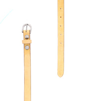 Introducing the Monae by Bed|Stü—a tan slim leather belt featuring a classic silver buckle. Displayed in two sections against a white background, with the buckle end on the left and the pointed tip with adjustment holes on the right, this essential accessory is perfect for your everyday wardrobe.