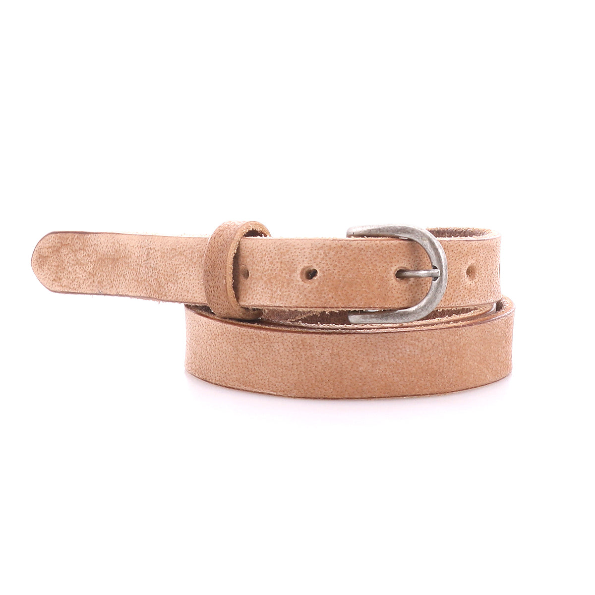The Bed|Stü Monae—a slim, light brown leather belt with a classic silver buckle—coiled elegantly on a white background, is an effortless addition to your everyday wardrobe.