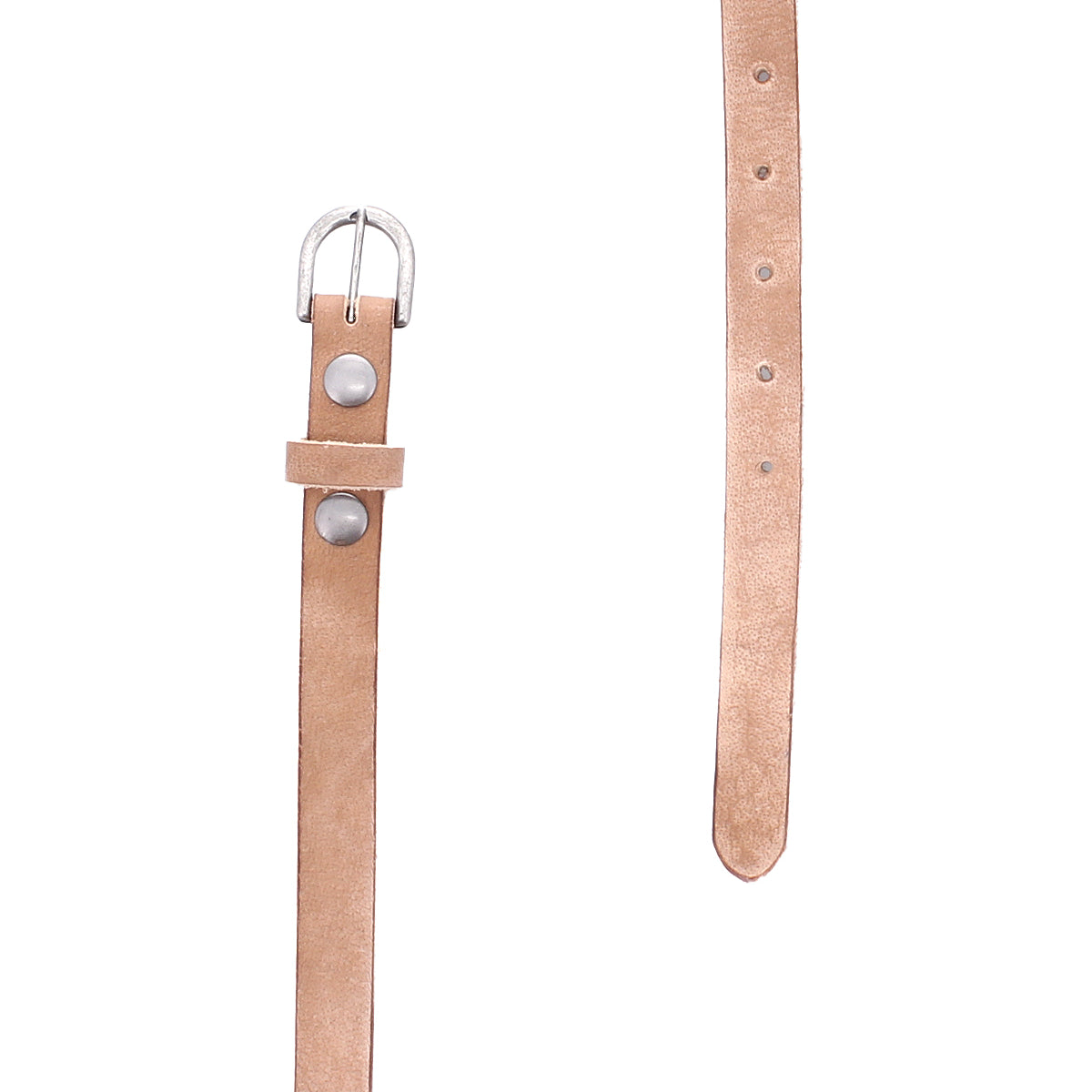 Two tan Monae slim leather belt straps by Bed|Stü with silver buckles are displayed on a white background—one highlighting the classic buckle end and the other revealing the pointed tip with adjustment holes—making them perfect additions to any everyday wardrobe.