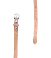Two tan Monae slim leather belt straps by Bed|Stü with silver buckles are displayed on a white background—one highlighting the classic buckle end and the other revealing the pointed tip with adjustment holes—making them perfect additions to any everyday wardrobe.