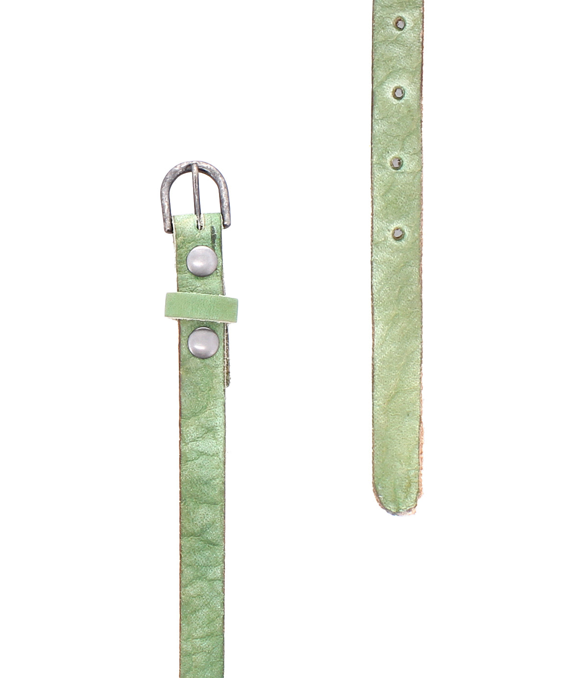 Introducing the Monae by Bed|Stü—a green slim leather belt featuring a classic silver buckle, two silver studs, and multiple adjustment holes for versatility—ideal for enhancing your daily style. Pictured here against a crisp white background.