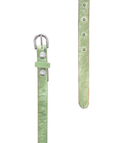 Introducing the Monae by Bed|Stü—a green slim leather belt featuring a classic silver buckle, two silver studs, and multiple adjustment holes for versatility—ideal for enhancing your daily style. Pictured here against a crisp white background.