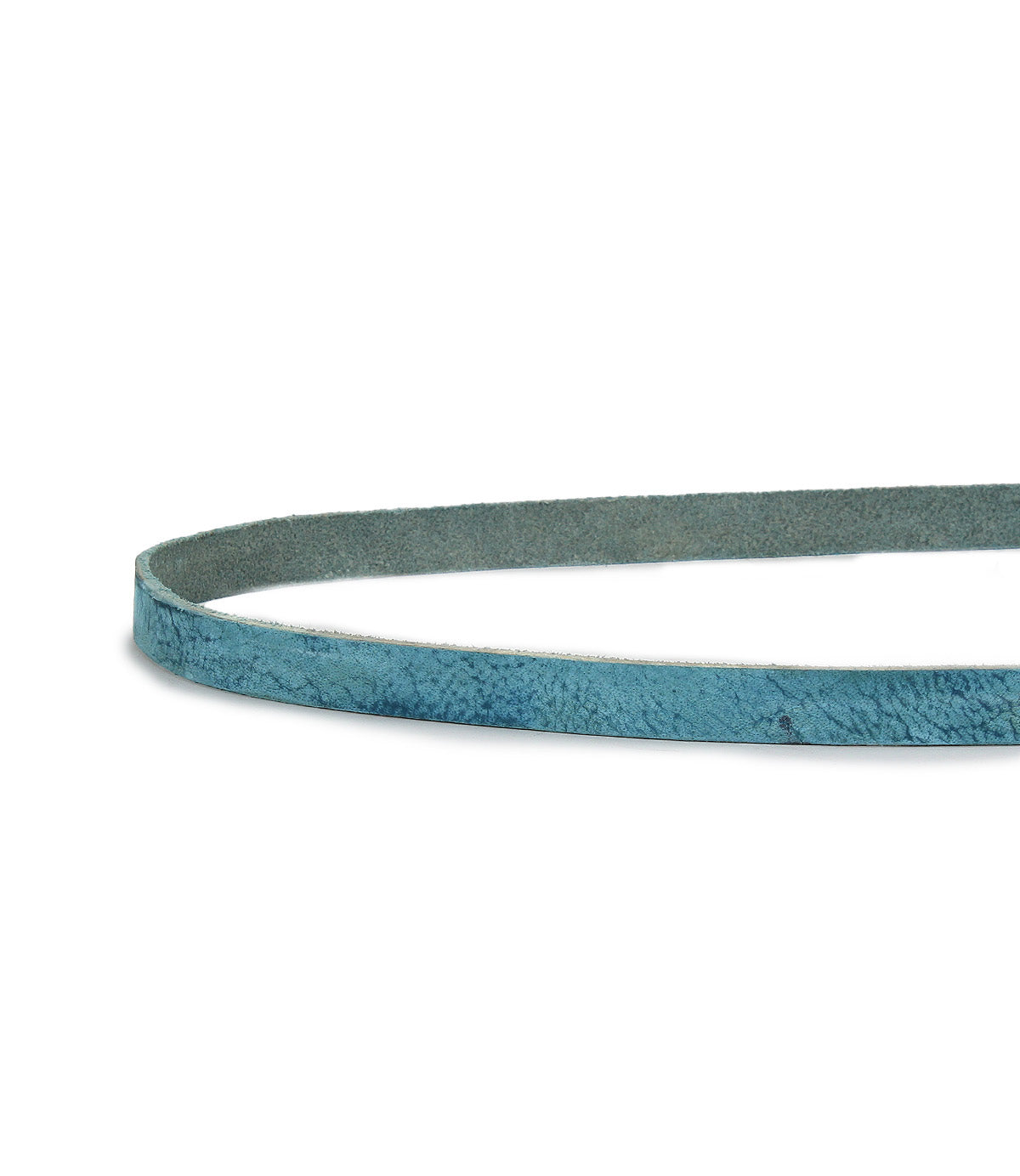 A thin, flat strip of light blue suede leather from the Bed|Stü Monae collection, reminiscent of a slim leather belt, is displayed in a loop on a white background.