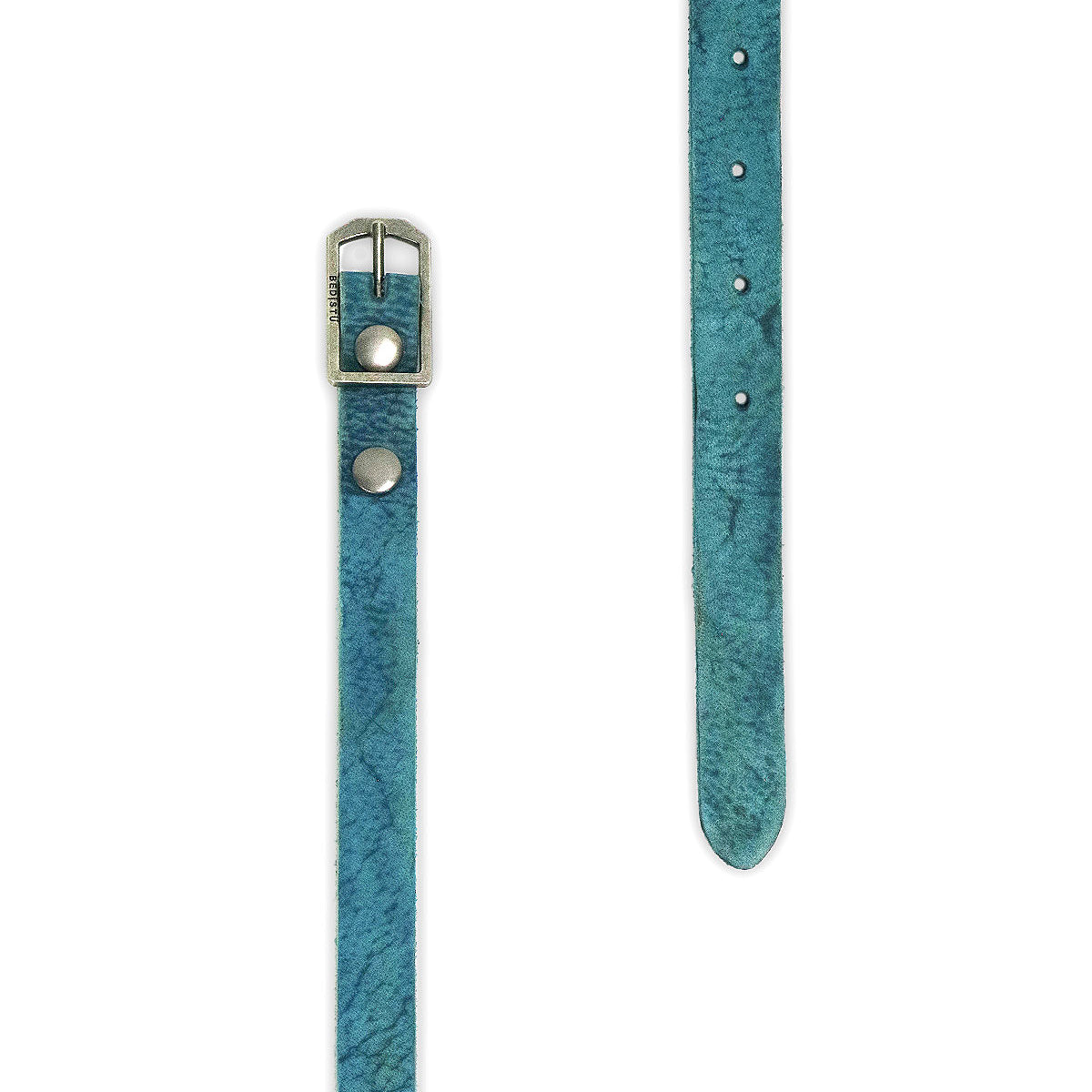 Discover two views of the Bed|Stü Monae belt, crafted in slim, blue leather with sleek metal rivets and a classic buckle, elegantly laid flat on a white background—a stylish essential for your everyday wardrobe.
