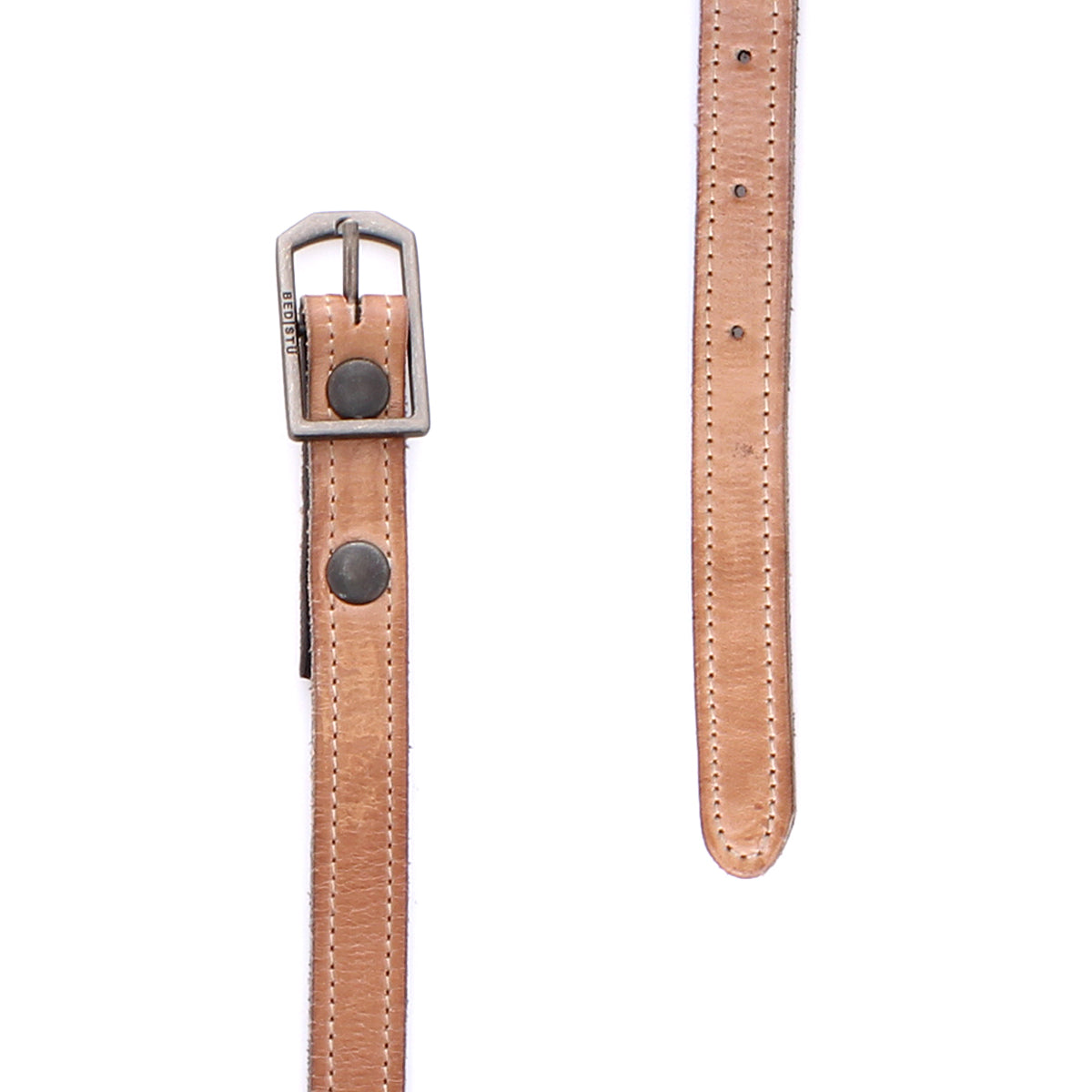 The Monae leather belt by Bed|Stü features a light brown finish, visible stitching, a metal buckle, and two metal rivets, shown against a white background.