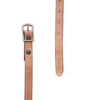 The Monae leather belt by Bed|Stü features a light brown finish, visible stitching, a metal buckle, and two metal rivets, shown against a white background.