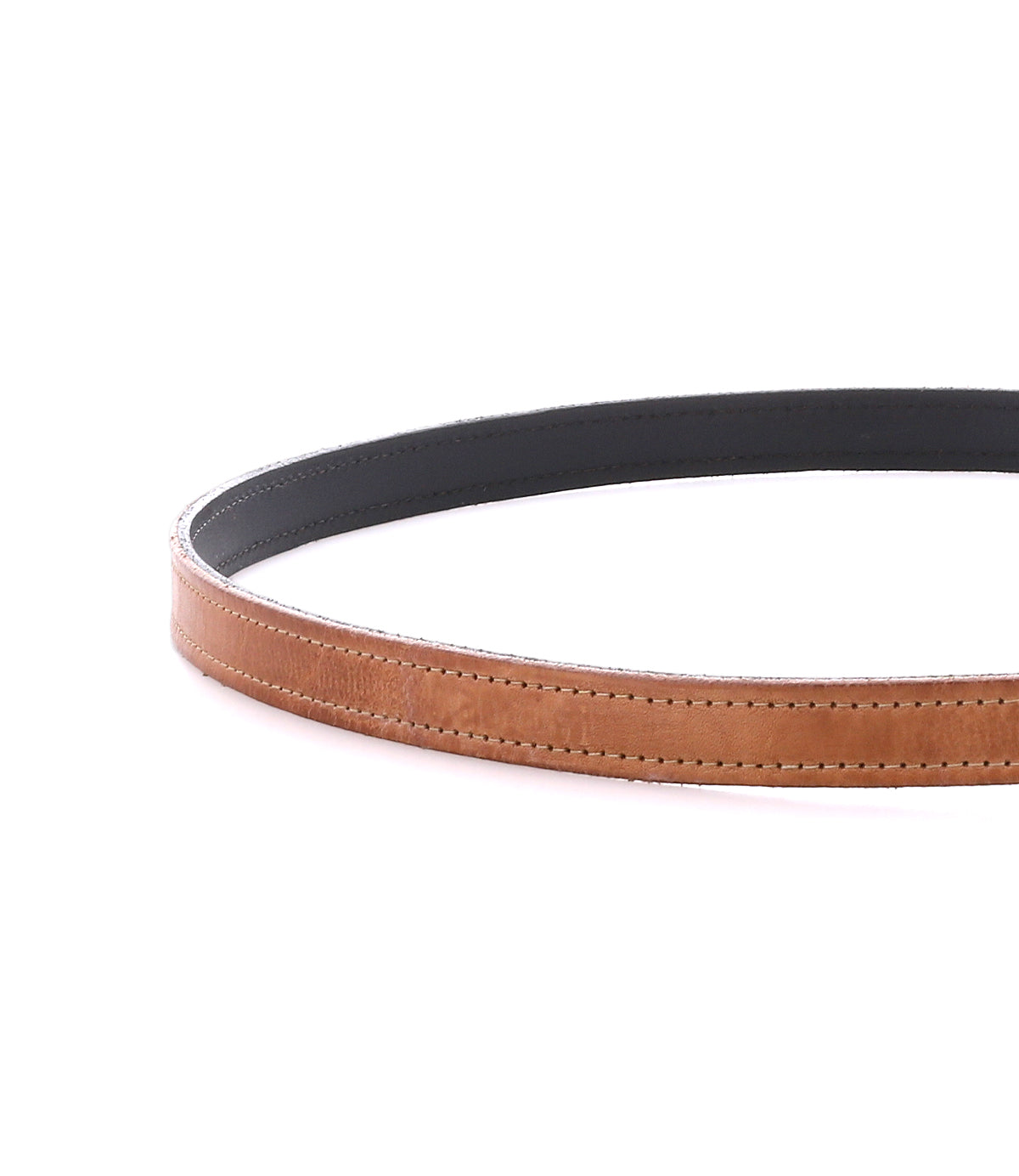 The Bed|Stü Monae women's leather belt, featuring a slim, curved design and visible stitching in brown, is displayed against a white background.
