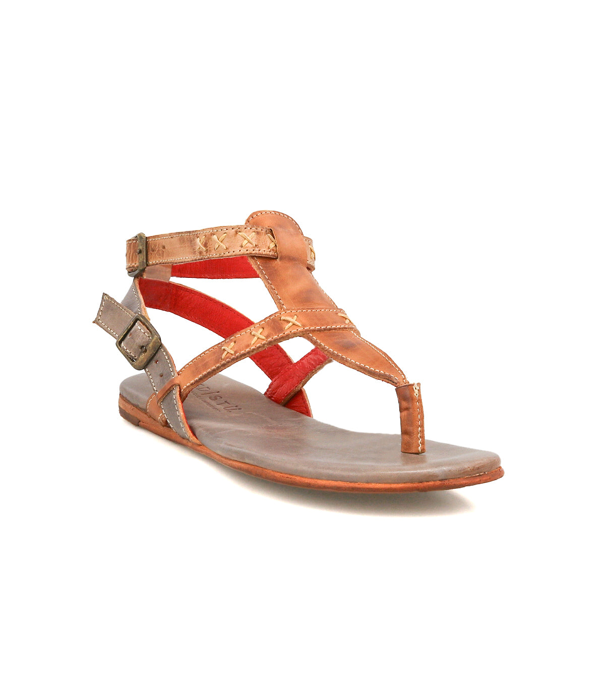 The Bed|Stü "Moon" is a brown leather sandal with ankle straps, ankle buckle, side buckles, and red inner detailing, shown on a plain white background.