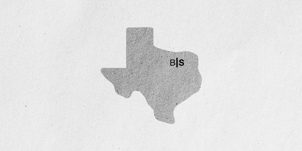 Gray outline of Texas on a textured light background with “B|S” marked near the northeast area.