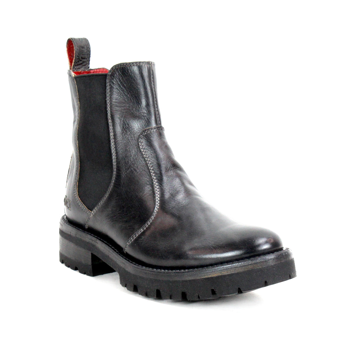 The Nandi III by Bed|Stü is a timeless black leather Chelsea boot with dual side gores, a red pull tab, round toe, and thick rubber sole, shown on a white background.