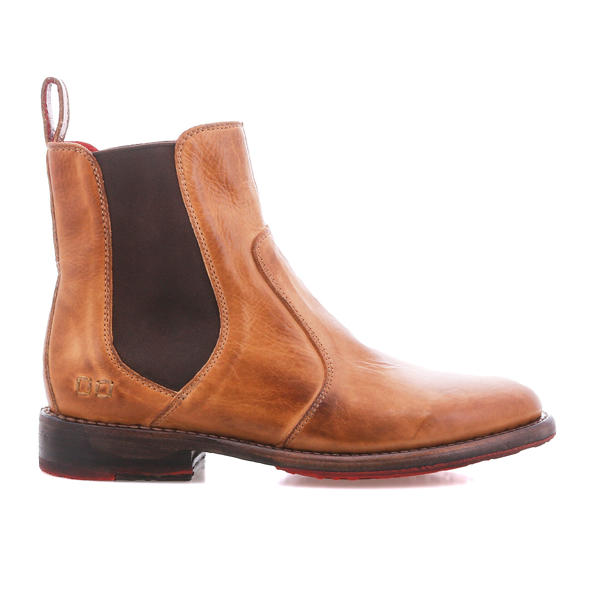 The Bed|Stü Nandi is a brown leather Chelsea boot with dark elastic side panels, a low heel, and a back pull tab, shown in profile facing right.
