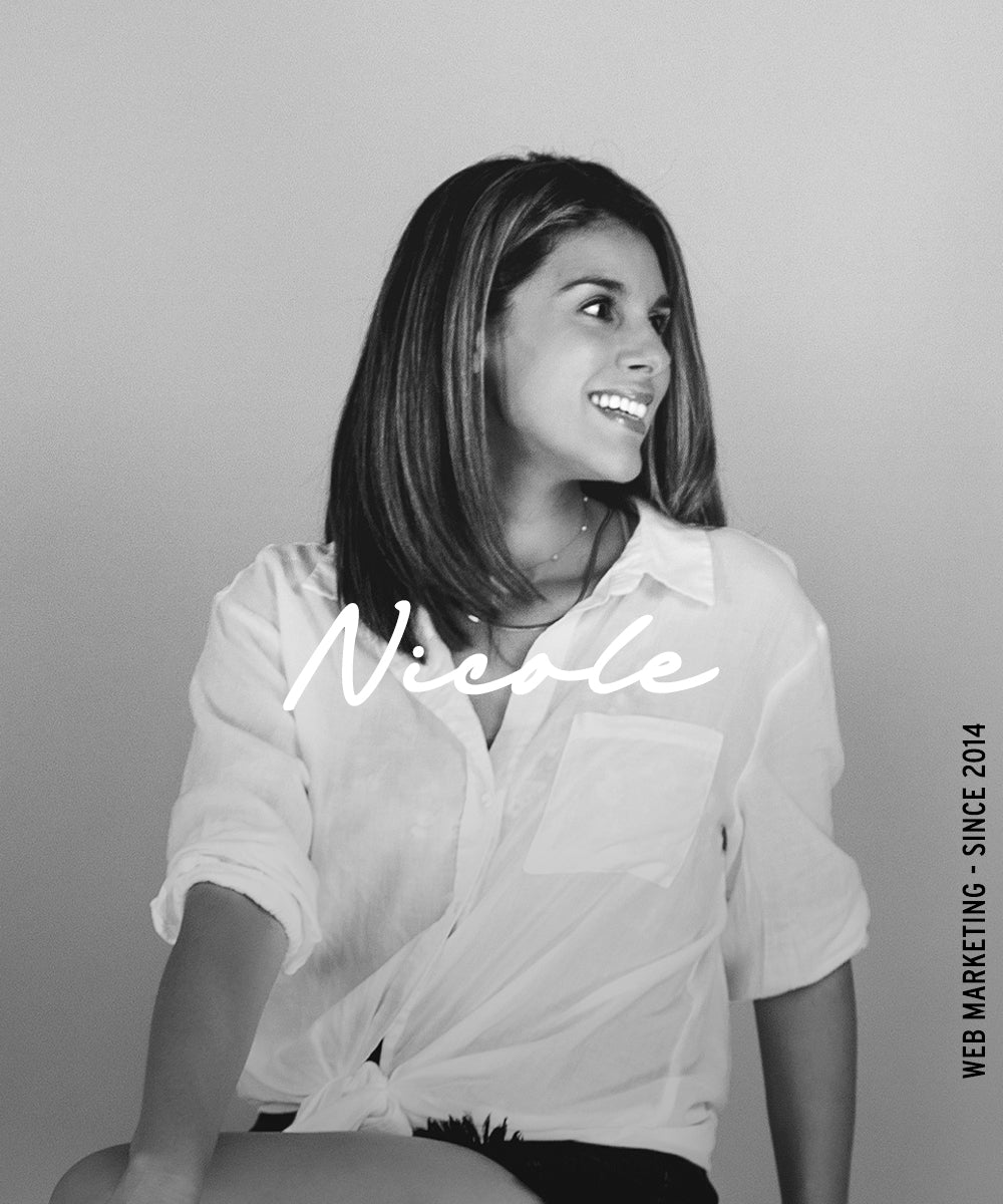 Black-and-white portrait of a woman with the name “Nicole” overlaid and vertical text reading “Web Marketing · Since 2014.”