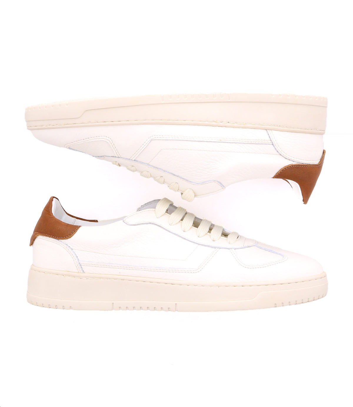 Introducing the North by Bed|Stü: a pair of classic men's sneakers in white, featuring cream soles and brown accents on the heel, shown in a side view against a white background.