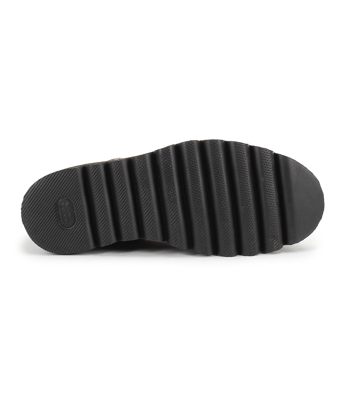The image displays the bottom view of the Bed|Stü Novel II Chelsea boot sole in black, featuring deep, evenly spaced horizontal grooves running along its length.