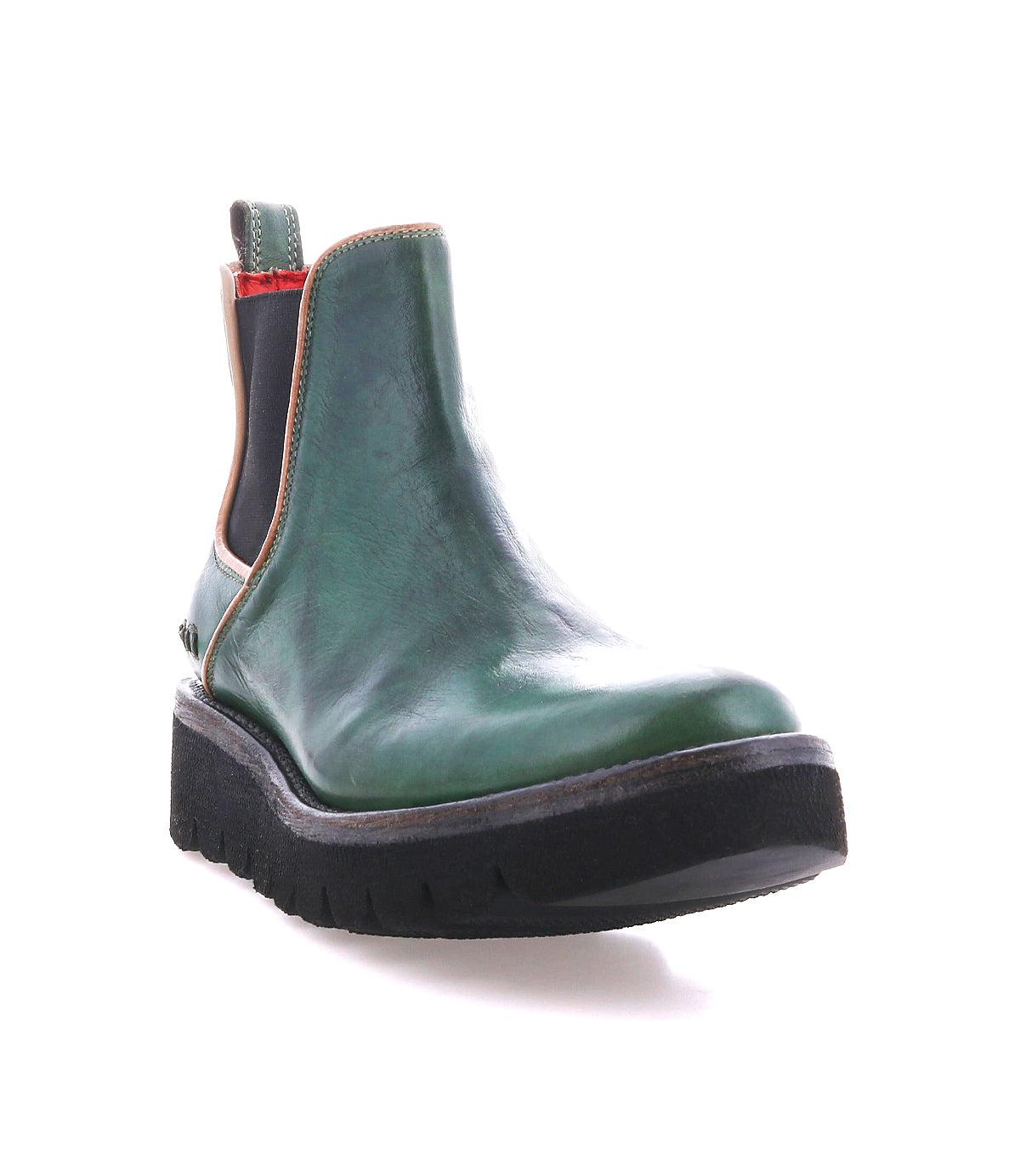 The Bed|Stü Novel II is a green leather Chelsea boot featuring a leather upper, black platform sole, elastic side panel, and pull tab, photographed on a white background.