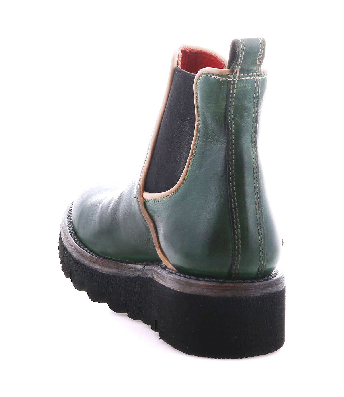 Bed|Stü's Novel II Chelsea boot features a green leather upper, black elastic side panel, tan trim, red lining, and a thick black platform sole, shown here from the back angle.