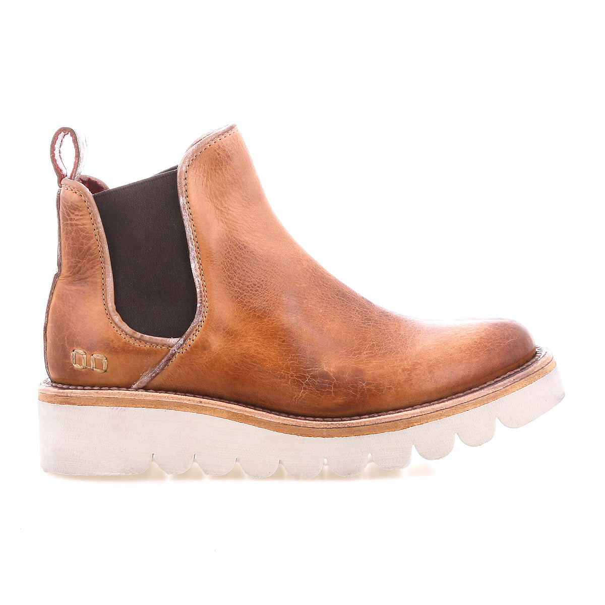 Side view of the Bed|Stü Novel II, a brown leather Chelsea boot featuring a smooth leather upper, black elastic ankle panels, and a chunky white platform sole, shown on a white background.