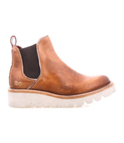 Side view of the Bed|Stü Novel II, a brown leather Chelsea boot featuring a smooth leather upper, black elastic ankle panels, and a chunky white platform sole, shown on a white background.