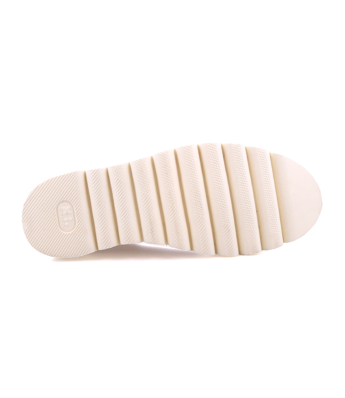 The image shows the bottom view of a white ridged shoe sole with parallel grooves running horizontally across its length, characteristic of many Chelsea boots with a stylish platform sole, as seen on the Bed|Stü Novel II.