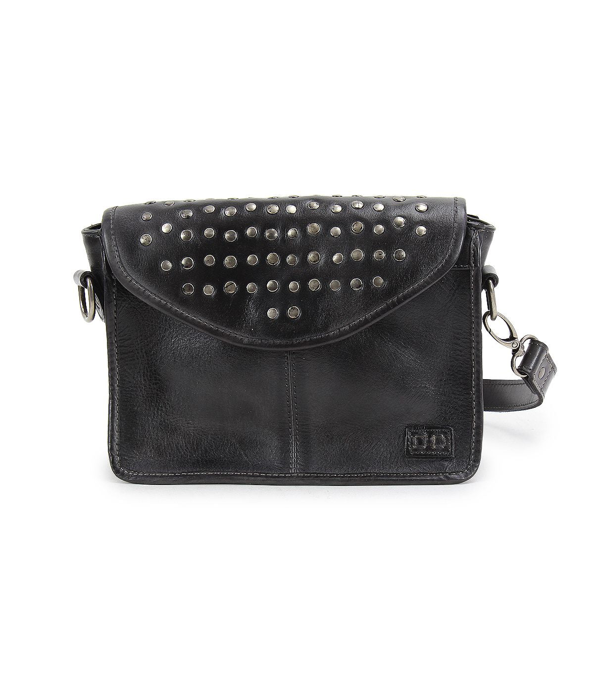Bed|Stü’s Occurrence is a black leather compact crossbody bag, featuring silver studs on the flap, a detachable shoulder strap, and a stitched logo patch on the front. This versatile clutch transitions seamlessly from day to night.