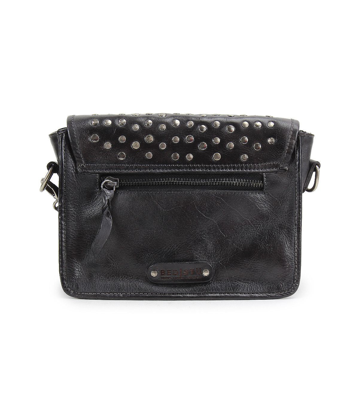 Introducing Occurrence by Bed|Stü: This compact black leather crossbody bag boasts a front zipper pocket, silver studs accentuating the flap, and a sleek metallic Bed|Stü brand plate at the bottom—blending style and function for a versatile clutch that effortlessly elevates any look.