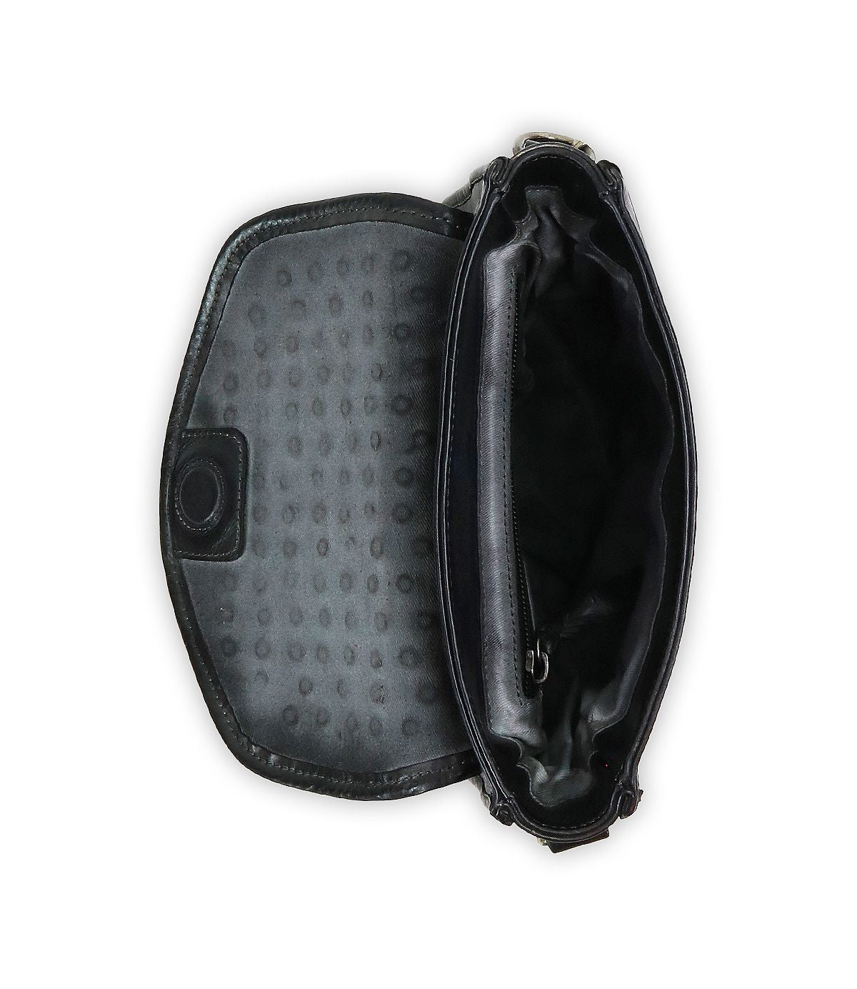 The Bed|Stü Occurrence, a compact black crossbody handbag, is photographed from above on a white background with its flap open to reveal a polka dot interior lining and a central zippered compartment.