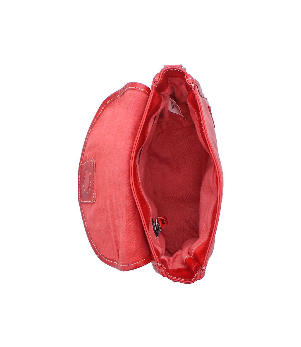 Bed|Stü's Occurrence red shoulder bag is shown from above with its flap open, revealing an empty interior lined with fabric—this compact crossbody blends elegance and practicality for everyday use.