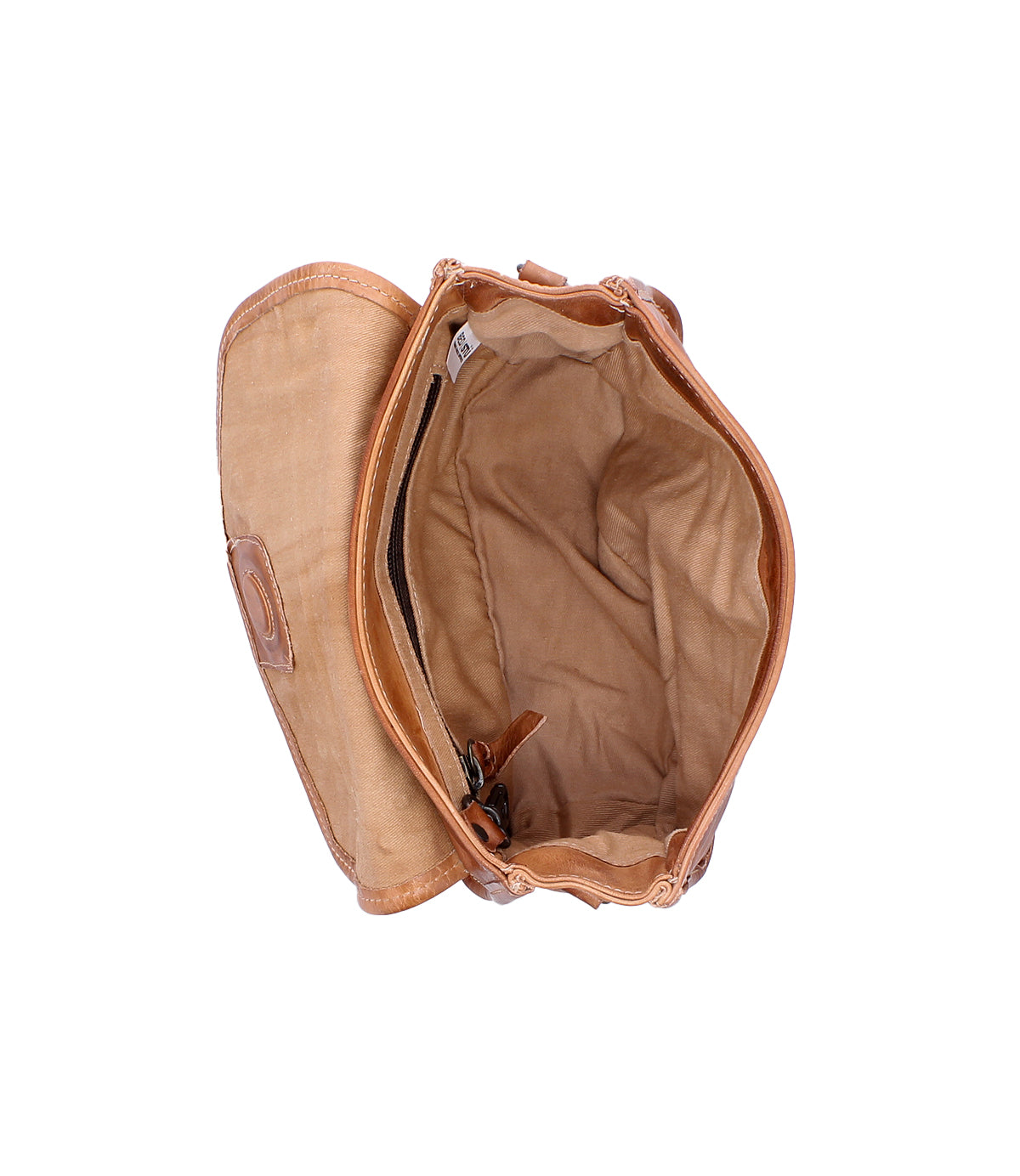 Top view of the Occurrence, a tan canvas and leather compact crossbody bag by Bed|Stü, featuring a zipper pocket and light brown fabric lining, isolated on a white background.