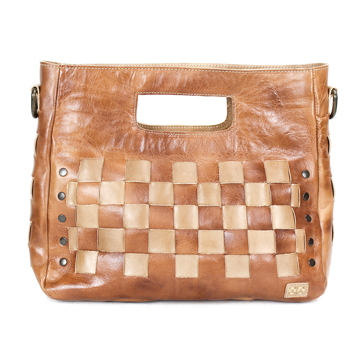 Introducing Orchid by Bed|Stü—a brown leather handbag featuring a modern yet timeless design, highlighted by a woven beige and tan square pattern in the center. With its distinctive cut-out handle and metal studs along the sides, this handwoven leather bag flawlessly blends classic craftsmanship with contemporary style for a look that's both stylish and versatile.