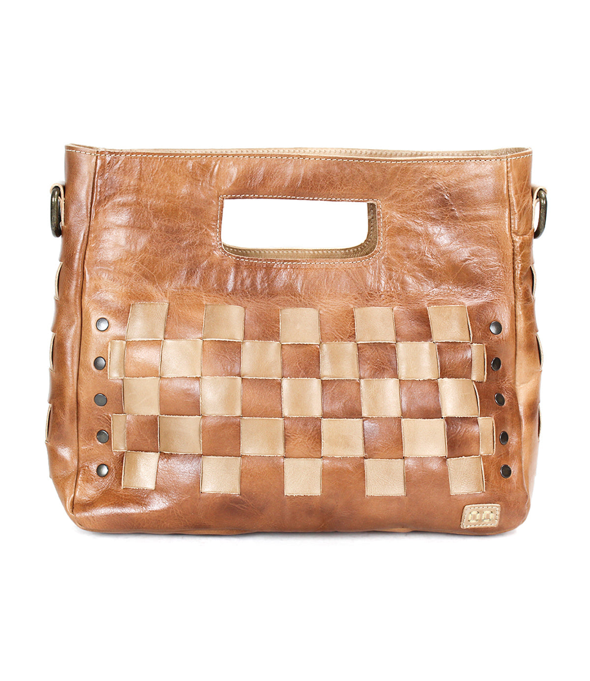Introducing Orchid by Bed|Stü—a brown leather handbag featuring a modern yet timeless design, highlighted by a woven beige and tan square pattern in the center. With its distinctive cut-out handle and metal studs along the sides, this handwoven leather bag flawlessly blends classic craftsmanship with contemporary style for a look that's both stylish and versatile.