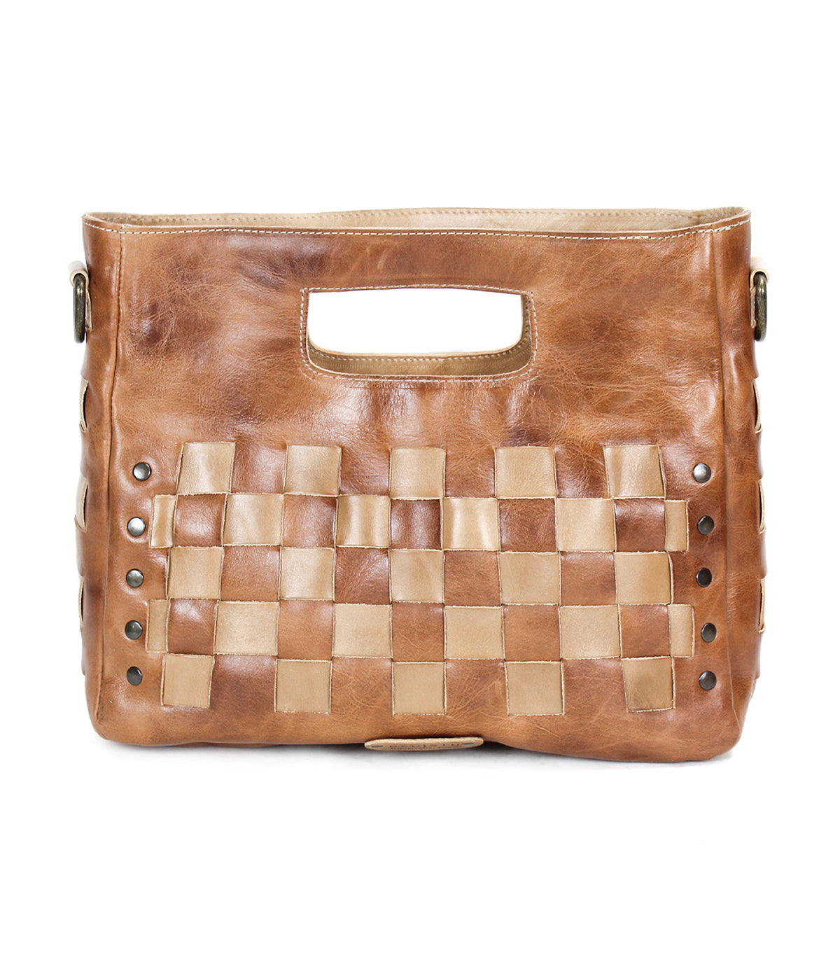 The Orchid by Bed|Stü is a brown leather handbag featuring a checkered handwoven pattern, cutout handle, and decorative metal studs along the sides—a modern, timeless design that brings sophistication to any outfit.