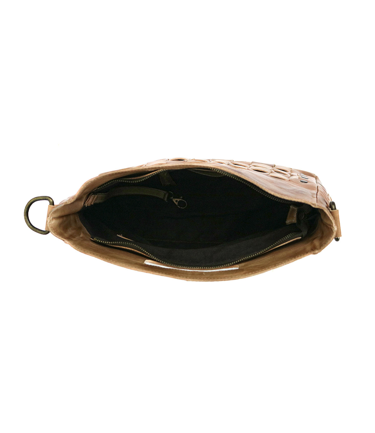 Top-down view of the Bed|Stü Orchid bag with its open, handwoven leather design, revealing a spacious interior with black lining, an inner zip pocket, and an antique metal buckle on one side—a perfect blend of modern timeless design.