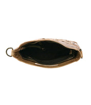 Top-down view of the Bed|Stü Orchid bag with its open, handwoven leather design, revealing a spacious interior with black lining, an inner zip pocket, and an antique metal buckle on one side—a perfect blend of modern timeless design.