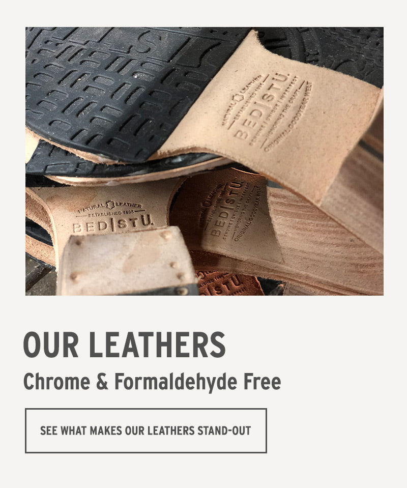 Promotional panel showing BED|STU leather and sole pieces beside the text “Our Leathers: Chrome & Formaldehyde Free.”