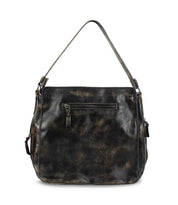 Introducing the Packet LTC by Bed|Stü, a square-shaped black and brown distressed leather shoulder tote bag featuring a single wide strap and a convenient front zipper pocket. This versatile tote is both stylish and practical, making it perfect for everyday use.