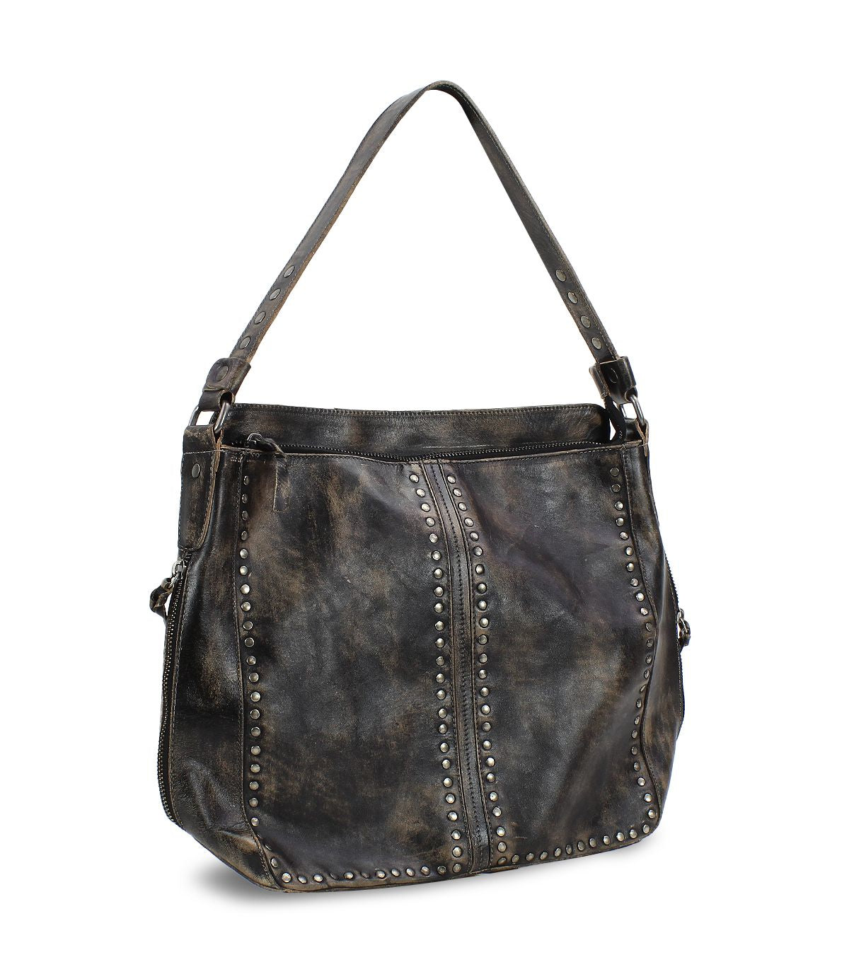 The Packet LTC by Bed|Stü is a distressed black leather tote handbag featuring metal stud detailing, a wide shoulder strap, and a spacious main compartment—perfect as a stylish travel tote.