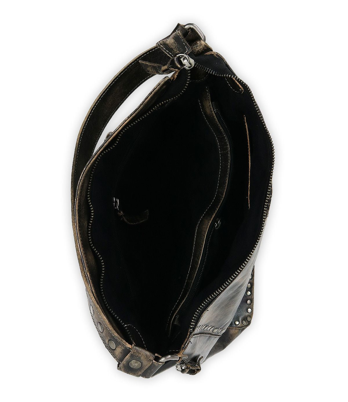 Top view of the Bed|Stü Packet LTC, an open leather shoulder tote bag with a zipper, revealing a spacious main compartment and inner pockets—all in dark material—making it the perfect travel tote for keeping your essentials organized.