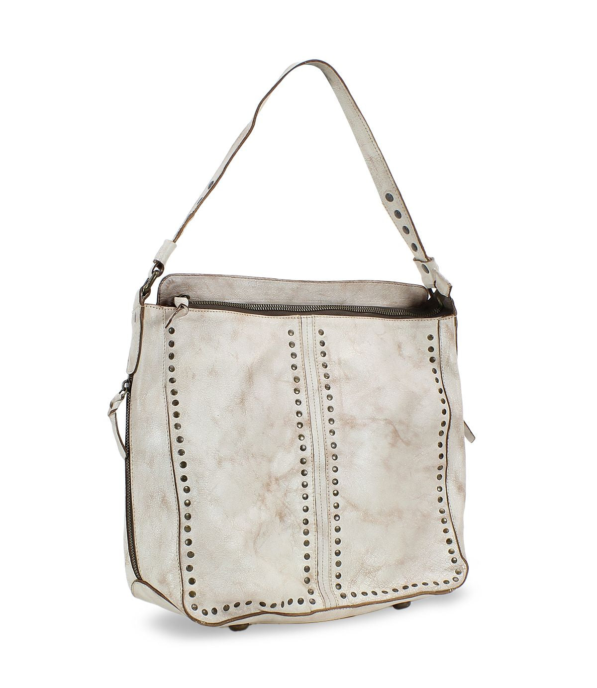The Packet LTC by Bed|Stü is an off-white leather shoulder tote bag featuring stud detailing, a top zipper closure, and a single handle.