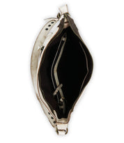 Top view of the open Packet LTC metallic leather tote by Bed|Stü, displaying its dark interior, a center divider with a zippered pocket, and an interior strap with a clasp.