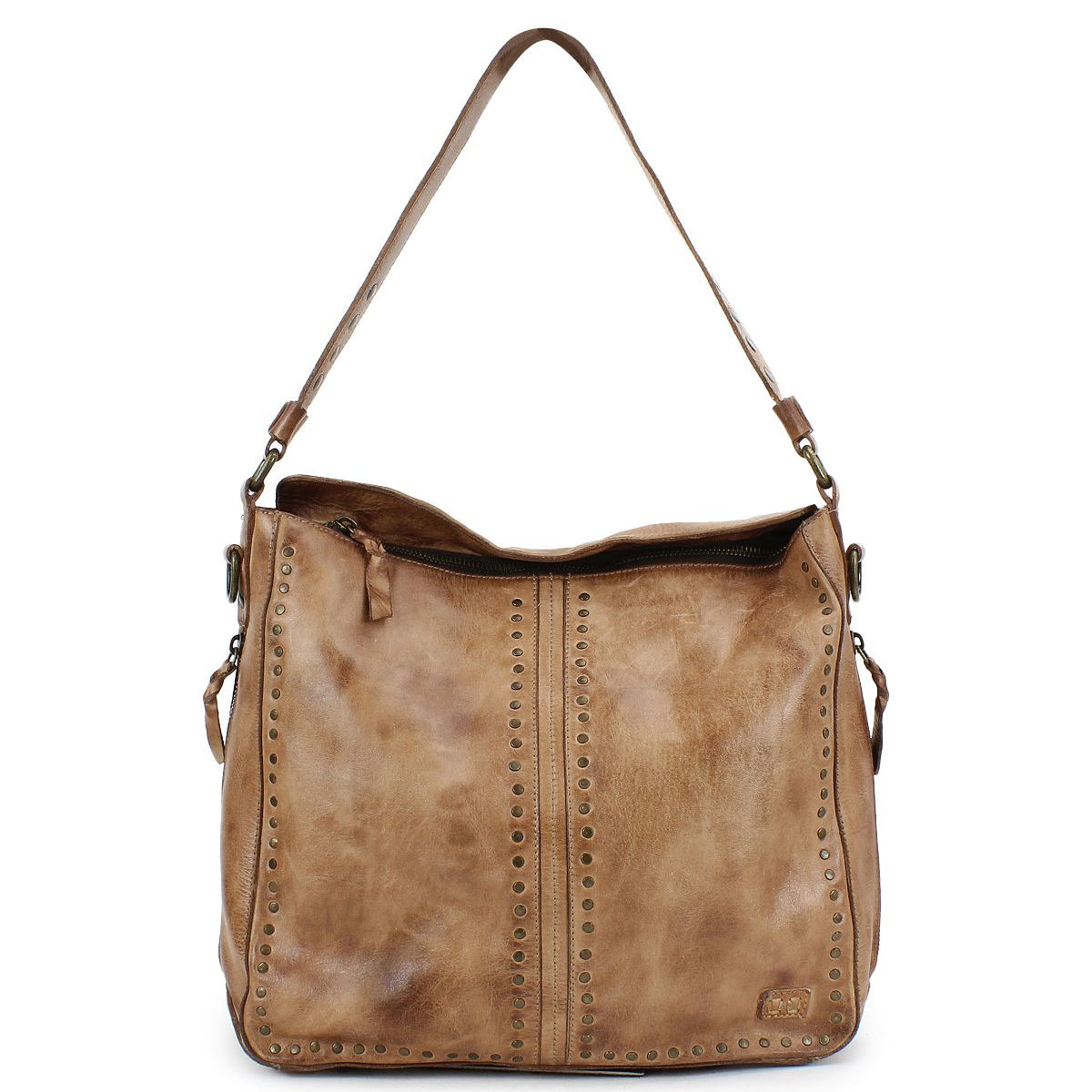 Bed|Stü Packet LTC brown leather shoulder tote bag featuring a single strap, vertical decorative studs, zipper closure, and a slightly distressed finish.